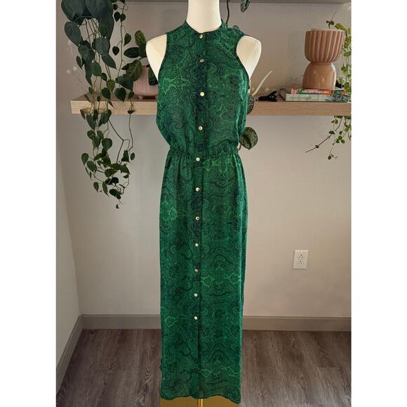 Michael Kors Sleeveless Paisley Maxi Shirt Dress Green Small Resort Chic Beach - Picture 1 of 8